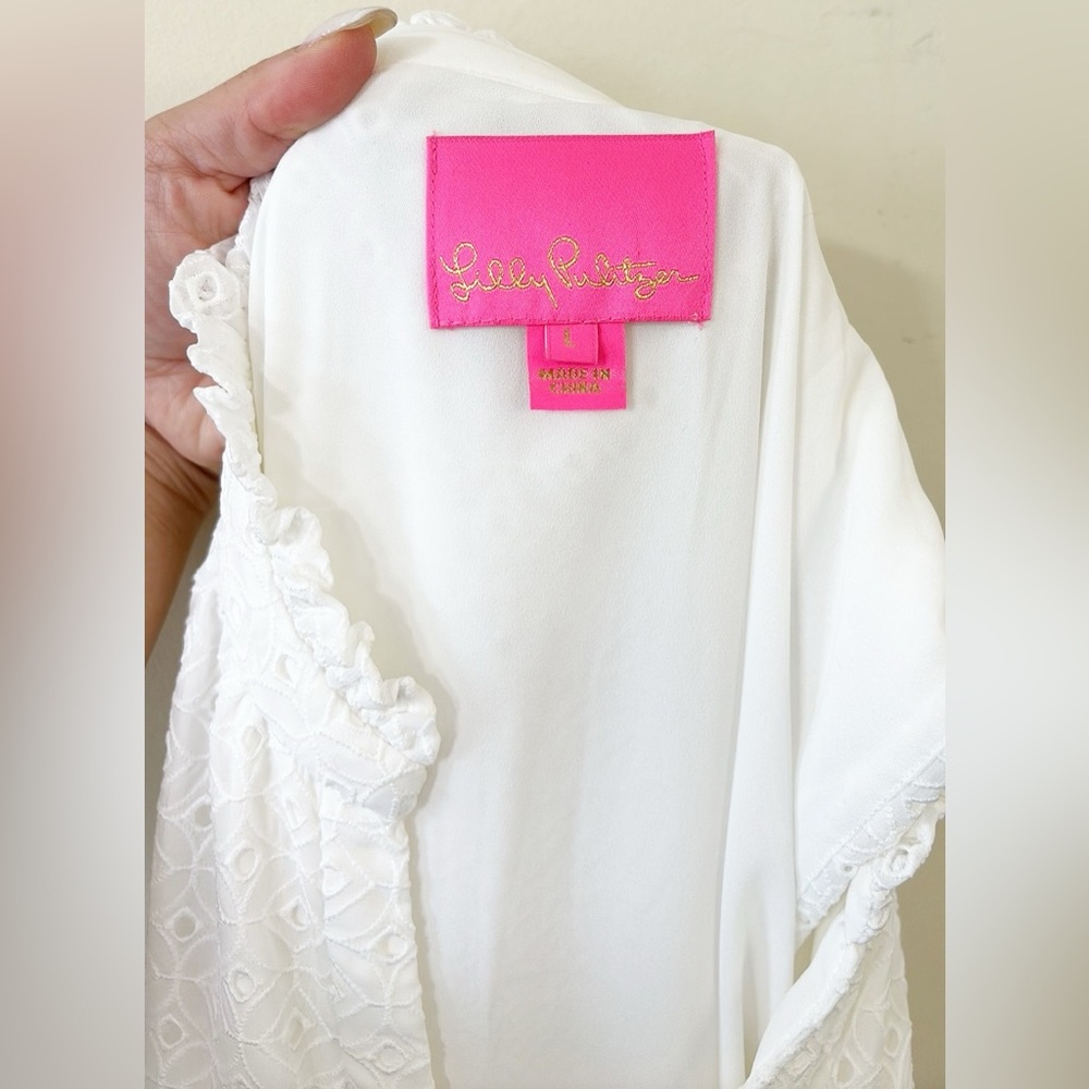Lilly Pulitzer Novella Dress Resort White Mini Medallion Chiffon Eyelet Size L - Picture 10 of 11